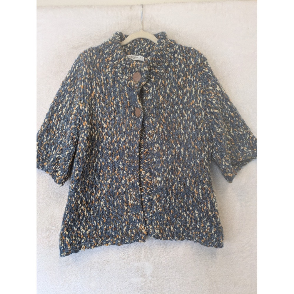 Liz‎ Claiborne Cardigan Women's PXL Blue Multi Chunky Knit Short Sleeve